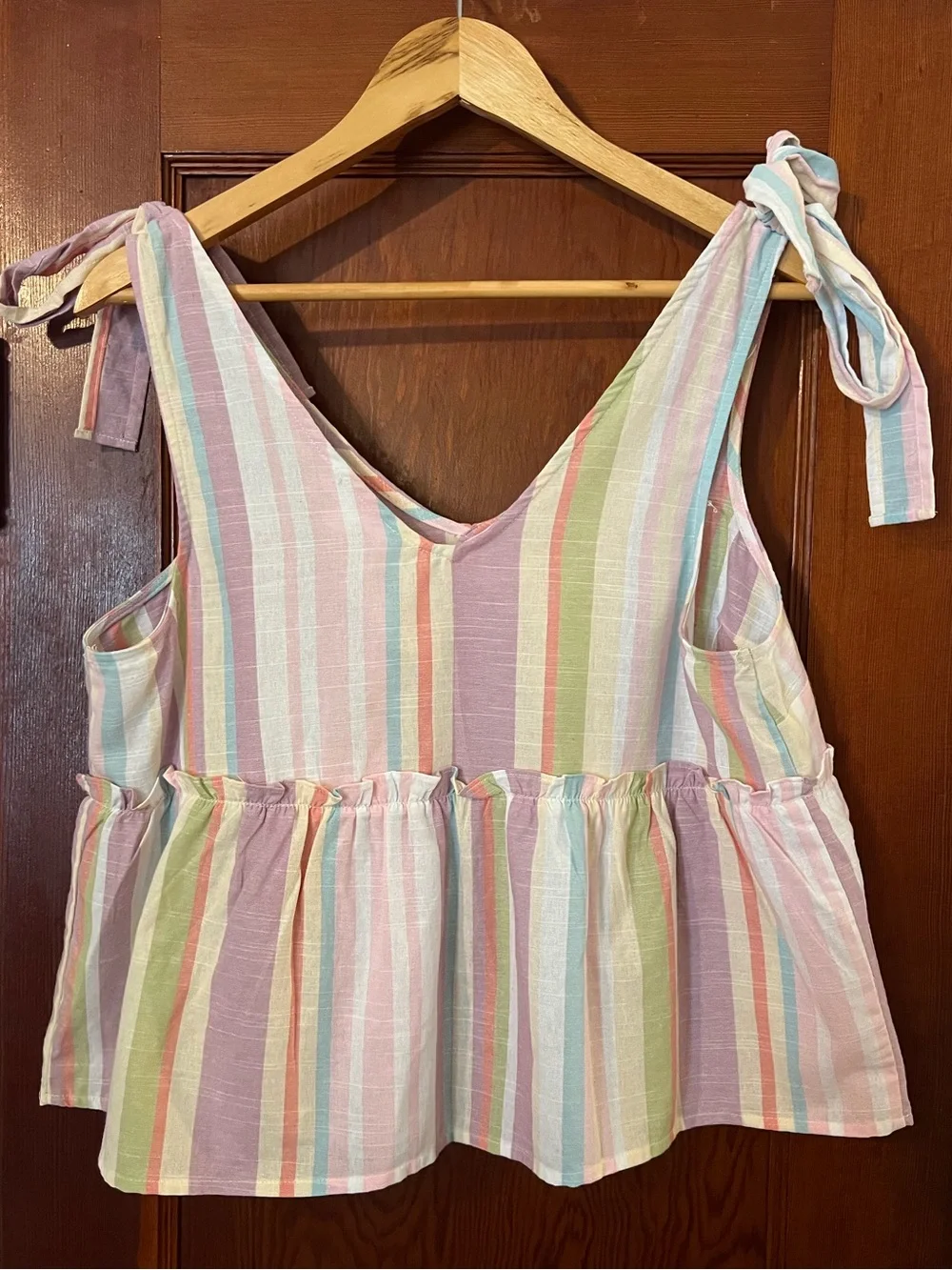 Blu Pepper Pastel Stripe Tie Shoulder Babydoll Boho Top Size Large - Picture 7 of 7
